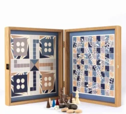 Coffret combo 4 jeux en 1 (echecs serpents backgammon petits cheveaux ) bleu