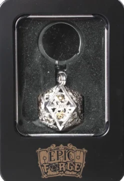 Porte-Clé D20 Argenté- Écrin Contenant 7 mini dés métal