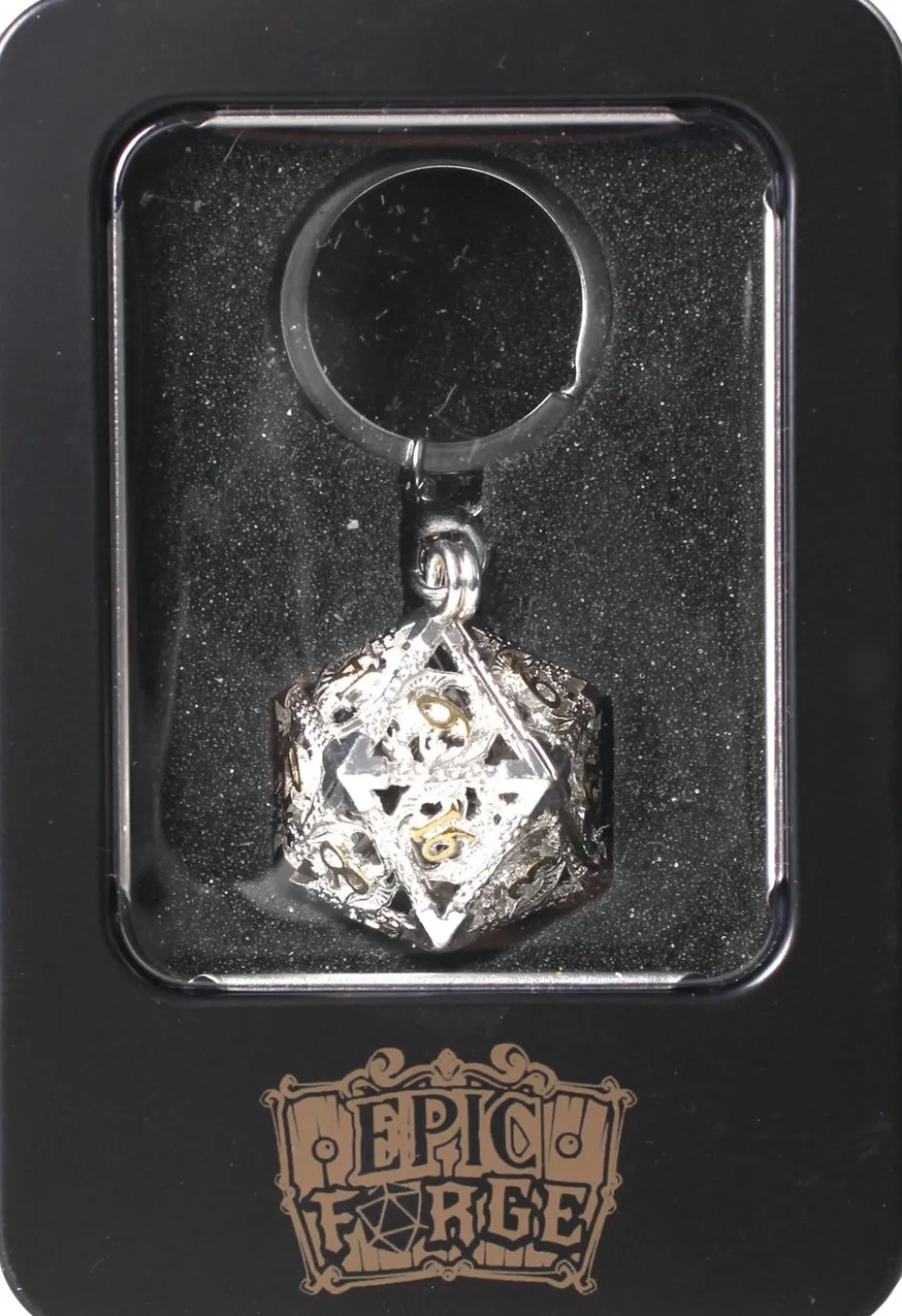 Porte-Clé D20 Argenté- Écrin Contenant 7 mini dés métal