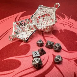 Porte-Clé D20 Argenté- Écrin Contenant 7 mini dés métal