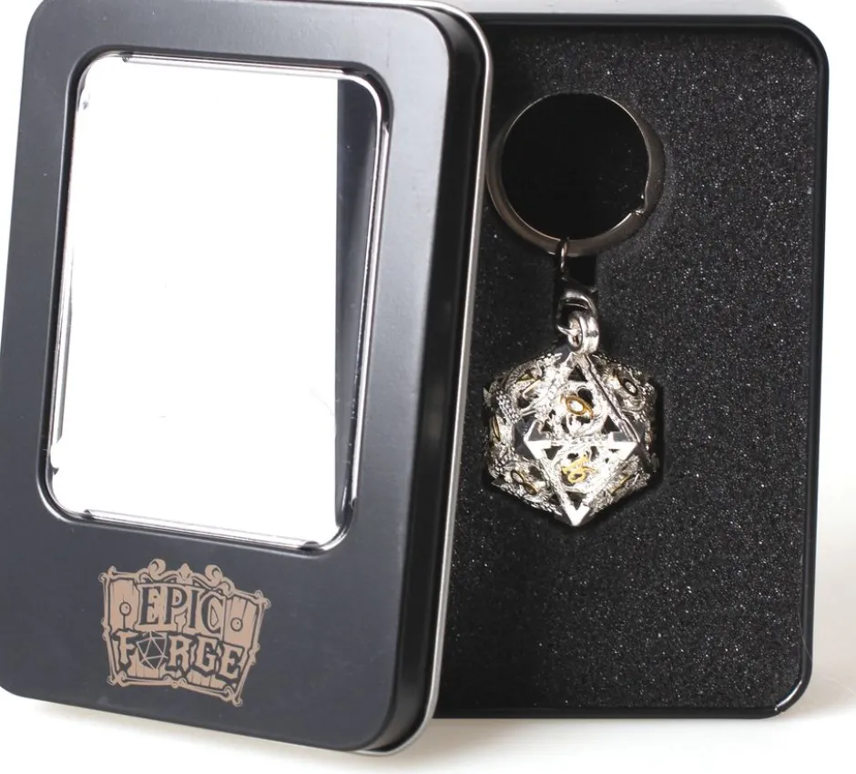 Porte-Clé D20 Argenté- Écrin Contenant 7 mini dés métal