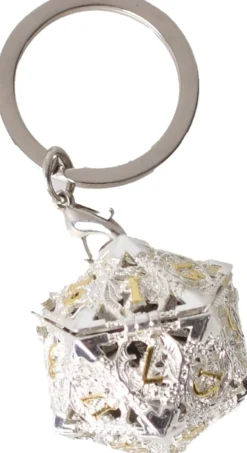 Porte-Clé D20 Argenté- Écrin Contenant 7 mini dés métal