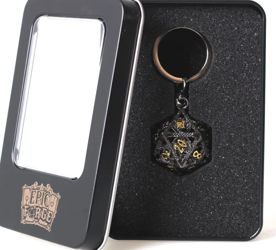 Porte-Clé D20 Noir - Écrin Contenant 7 mini dés métal