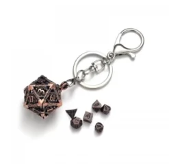 Porte-Clé D20 Vieil Or - Écrin Contenant 7 mini dés métal