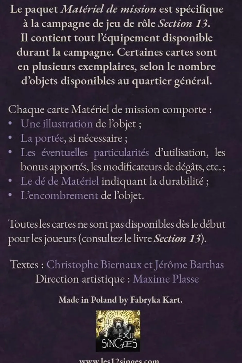 Section 13 : Matériel de mission